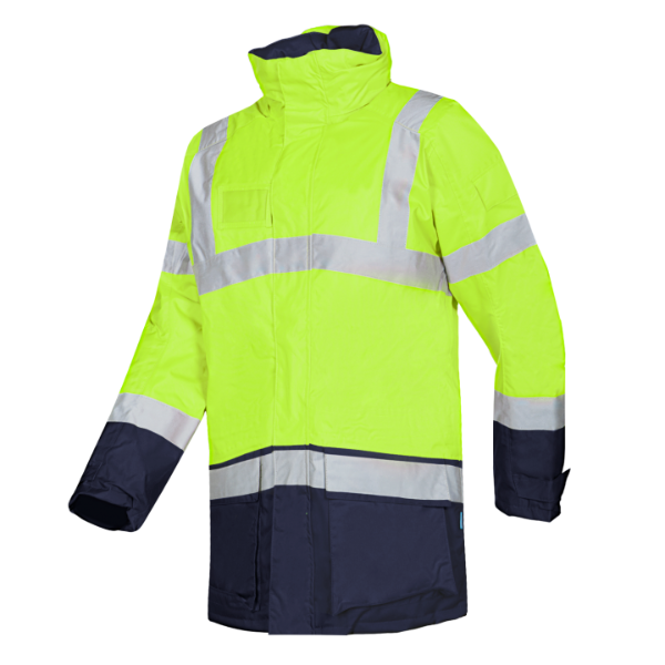 Sioen Lightflash Hi-Vis Winter Rain Jacket 313 with reflective stripes on a white background