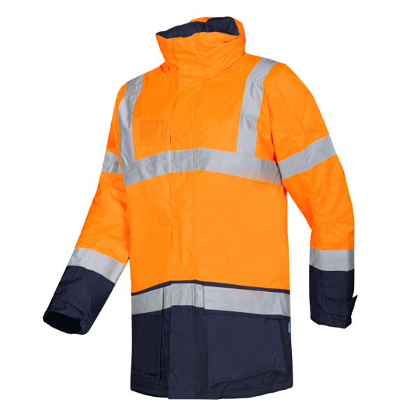 Orange and navy Sioen Lightflash Hi-Vis Winter Rain Jacket 313 with reflective stripes on a white background