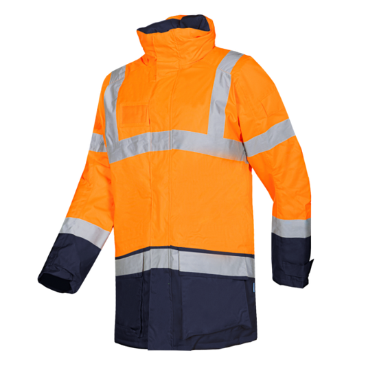Orange and navy Sioen Lightflash Hi-Vis Winter Rain Jacket 313 with reflective stripes on a white background