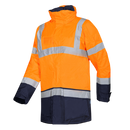 Orange and navy Sioen Lightflash Hi-Vis Winter Rain Jacket 313 with reflective stripes on a white background
