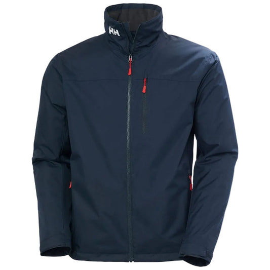 Navy blue jacket with red zipper pull on a white background