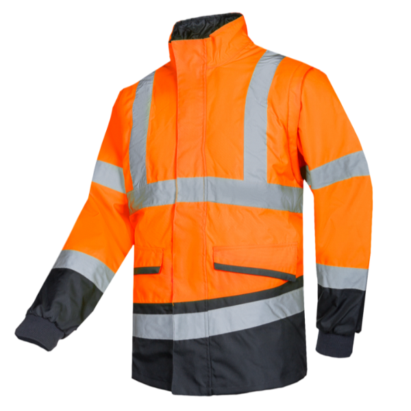 A high-visibility orange Sioen rain jacket with black accents and detachable sleeves, featuring a standing collar and knitted wind cuffs on the sleeves.