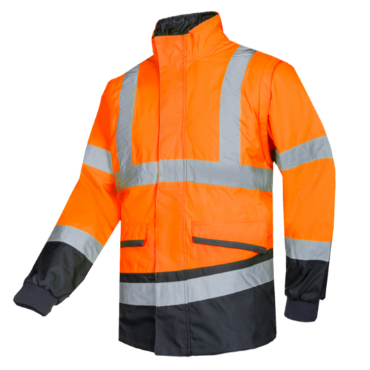 A high-visibility orange Sioen rain jacket with black accents and detachable sleeves, featuring a standing collar and knitted wind cuffs on the sleeves.