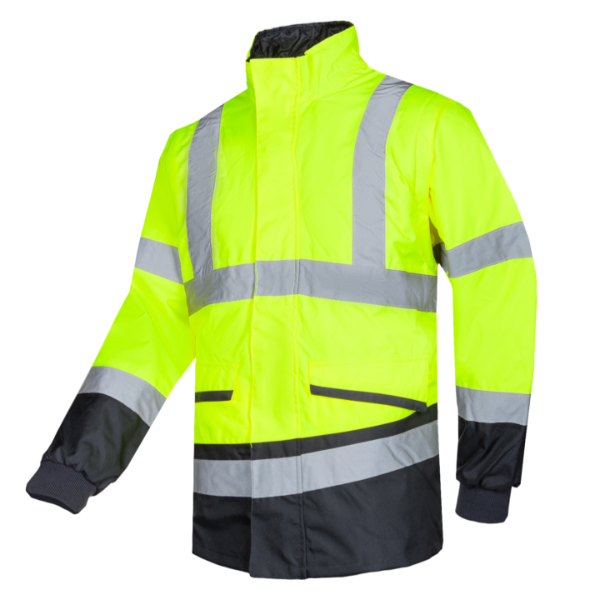 A high-visibility yellow rain jacket with black accents and detachable sleeves, featuring a standing collar and knitted wind cuffs on the sleeves.
