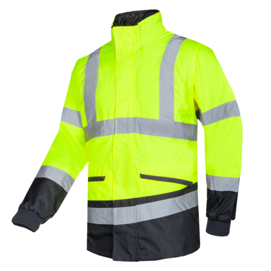 A high-visibility yellow rain jacket with black accents and detachable sleeves, featuring a standing collar and knitted wind cuffs on the sleeves.