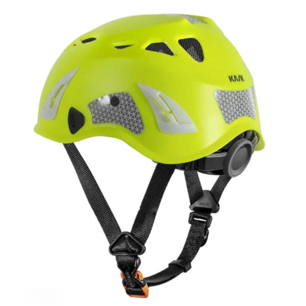 Yellow helmet with black straps on a white background.