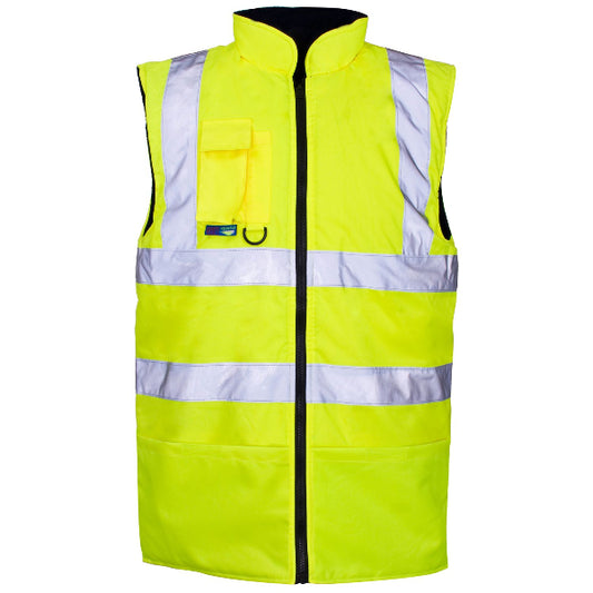 A high-visibility yellow safety vest with reflective stripes, featuring a front zipper, two front pockets, and designed for reversible use.