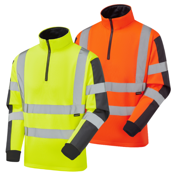 Two high-visibility jackets, one yellow and one orange, with reflective stripes on a white background.