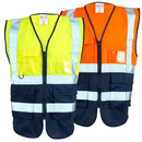 Two safety vests, one yellow and one orange, on a white background.
