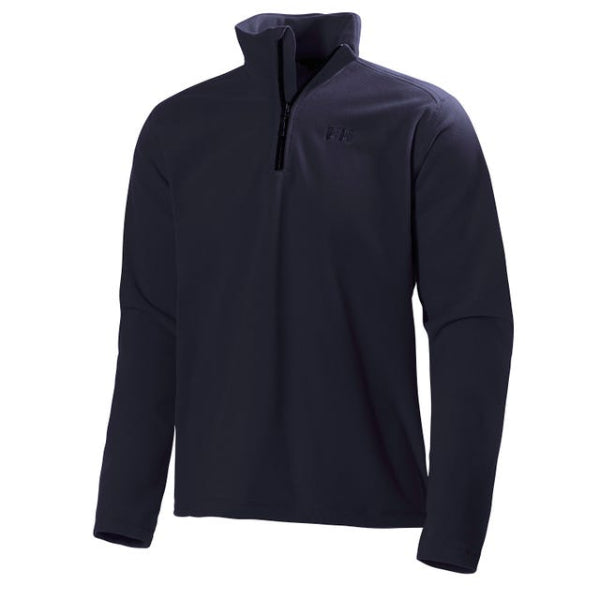 A navy blue Helly Hansen 50844 Daybreaker 1/2 zip fleece pullover with YKK zipper and flatlock seams, featuring HH logo embroidery at the chest.