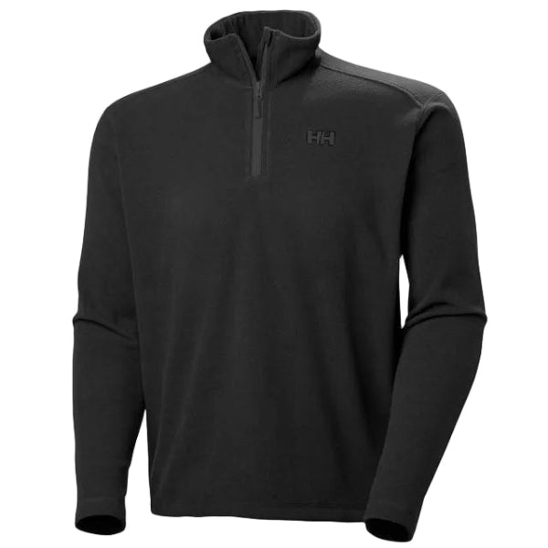 Black fleece pullover with a brand logo on a white background.
