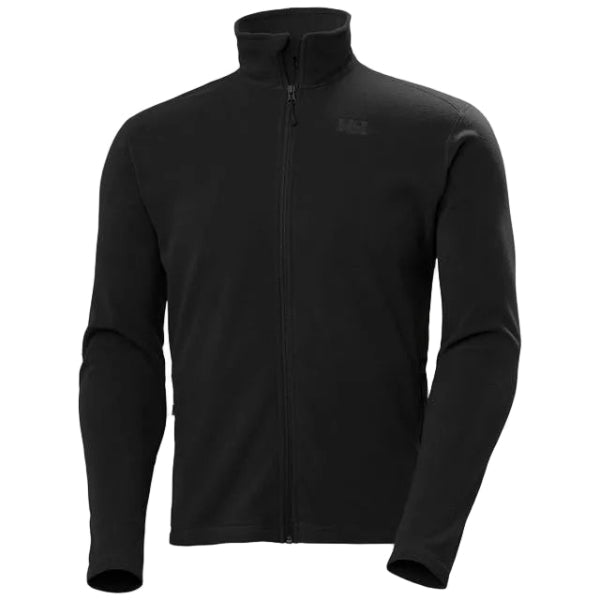 A black Helly Hansen fleece jacket with a full zipper and hand pockets.