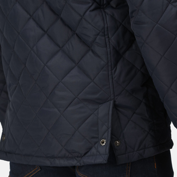 Close-up of a navy quilted jacket with diamond pattern on a white background.