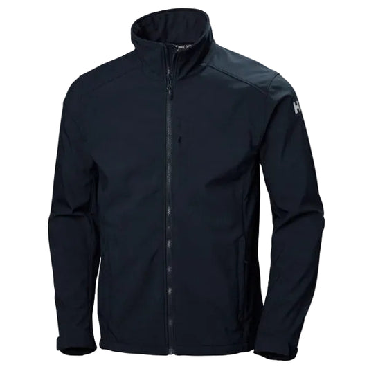 A navy blue Helly Hansen Paramount Softshell Jacket with a high collar, zippered front, and side pockets.