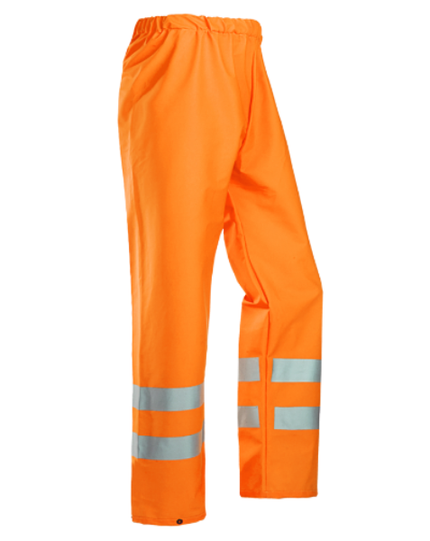 Orange high-visibility rain trousers with reflective stripes and an elastic waistband.