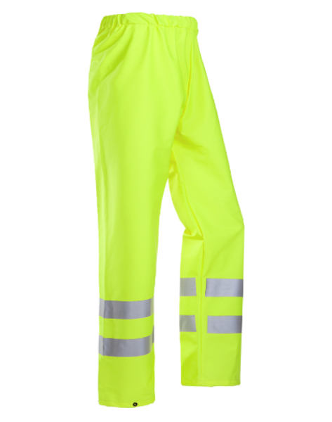 High-visibility yellow pants with reflective stripes on a white background