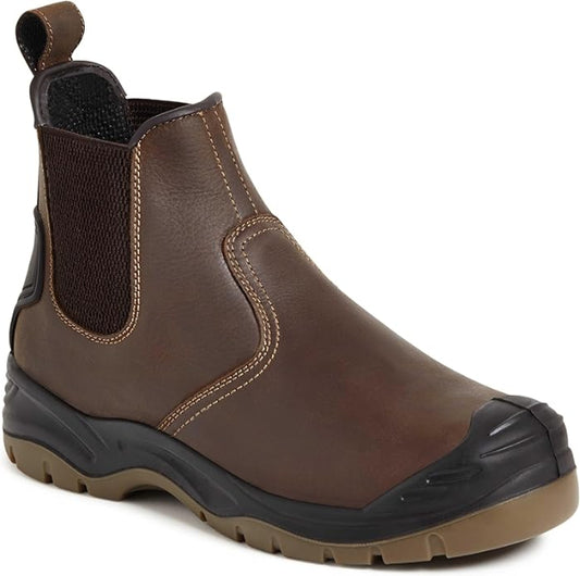 Brown leather boot with black sole on a white background. Available at Kustom Workwear.
