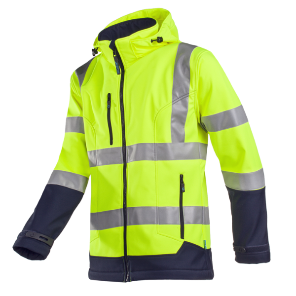 High-visibility jacket with reflective stripes on a white background