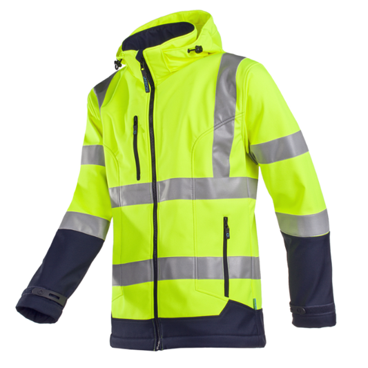 High-visibility jacket with reflective stripes on a white background