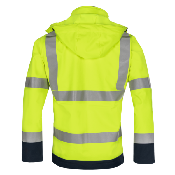 Yellow safety jacket with reflective stripes on a white background.