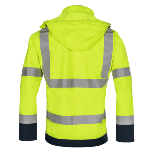Yellow safety jacket with reflective stripes on a white background.