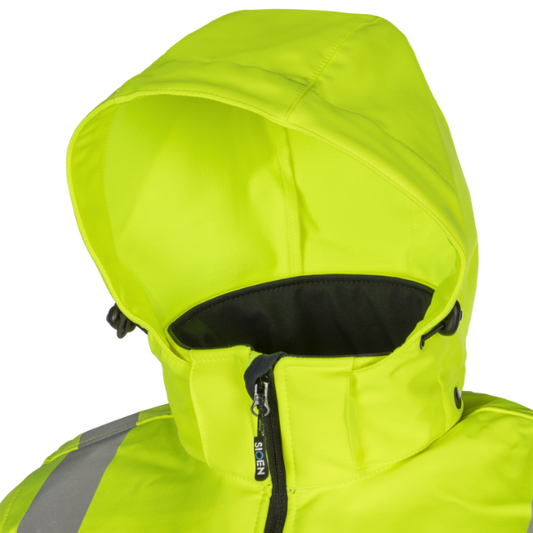 Close-up of a bright yellow hooded jacket with a brand logo on a white background.