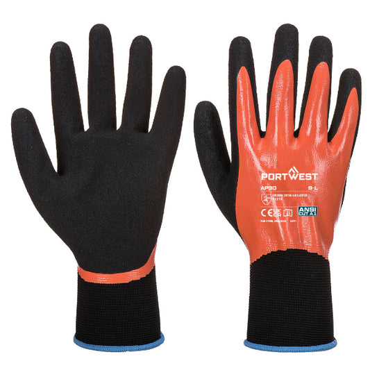 A pair of black and orange Portwest safety gloves, with the brand logo visible on the wrist area.