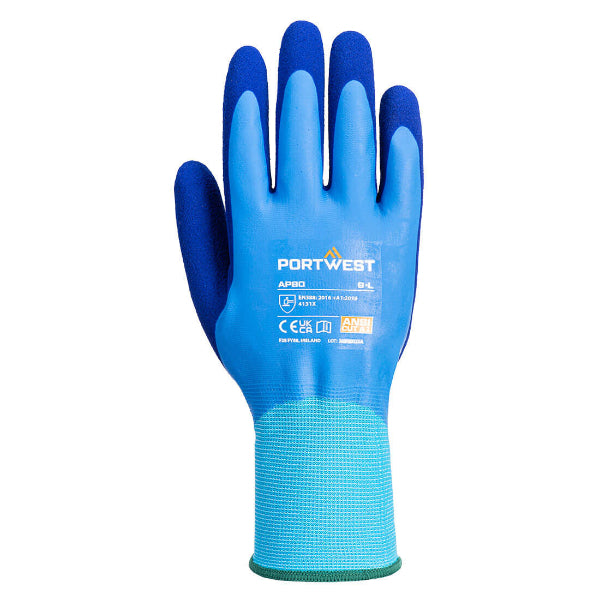 A blue Portwest liquid proof glove with text and logo on the back, designed for protective use.