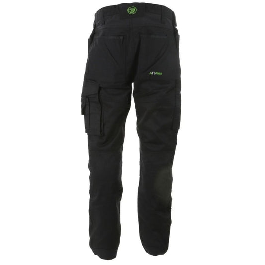 A pair of slim fit stretch holster trousers by Apache, predominantly black in color with some green detailing. Back view of work trousers.