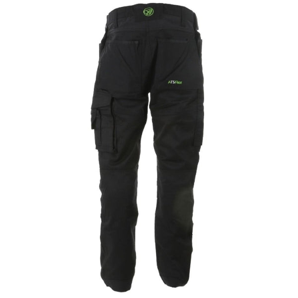 A pair of slim fit stretch holster trousers by Apache, predominantly black in color with some green detailing. Back view of work trousers.