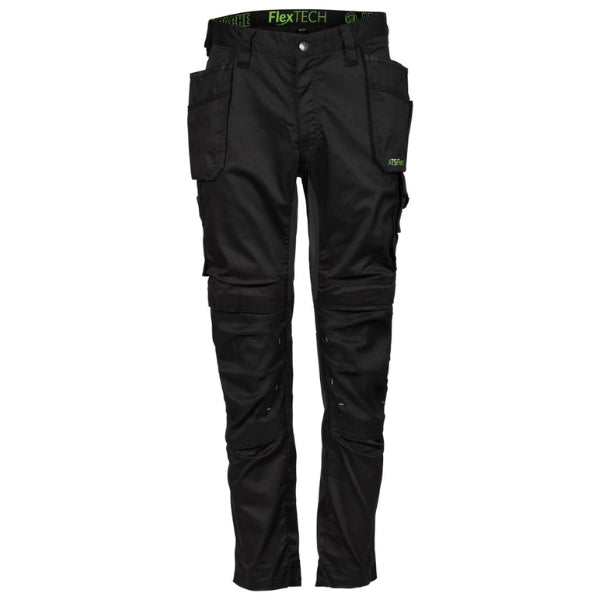 A pair of slim fit stretch holster trousers by Apache, predominantly black in color with some green detailing.