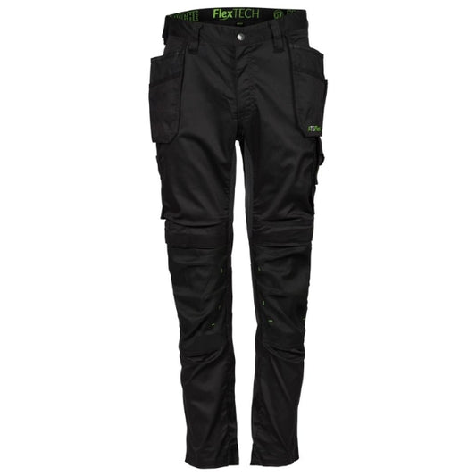 A pair of slim fit stretch holster trousers by Apache, predominantly black in color with some green detailing.