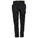A pair of slim fit stretch holster trousers by Apache, predominantly black in color with some green detailing.