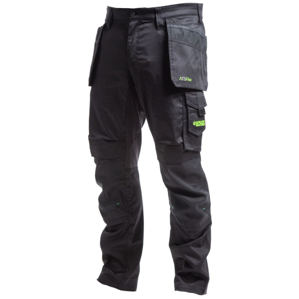 A pair of slim fit stretch holster trousers by Apache, predominantly black in color with some green detailing. Side view of work trouser.