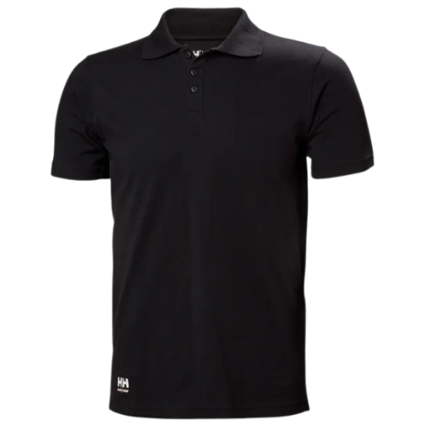 Black polo shirt with a brand logo on a white background