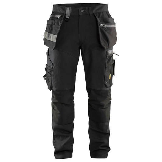 Front view of Blaklader 15991860 Black Craftsman Work Trousers, showing the full front design and stretch fabric. Black stretch trouser. Work Pants.