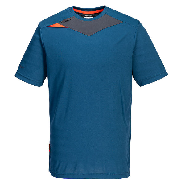 Blue Portwest t-shirt with gray shoulder panels on a white background. Available at Kustom Workwear Waterford.