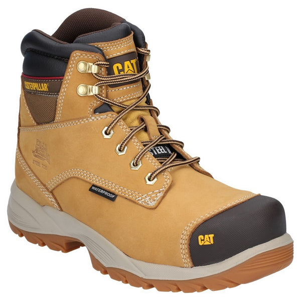 A waterproof honey-colored CAT work boot with lace-up closure, designed for safety and comfort.