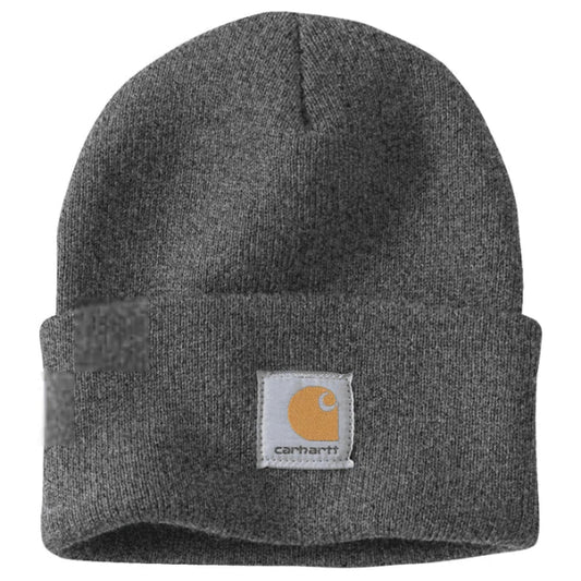 Gray knit beanie with Carhartt logo on a white background. Shop Carhartt at Kustom Workwear.