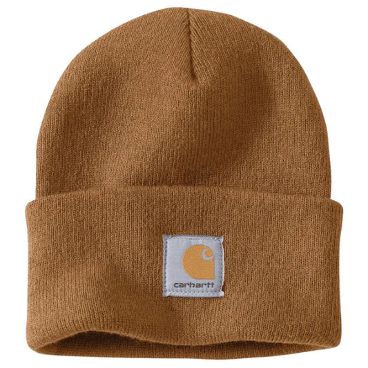 Brown knit beanie with Carhartt logo on a white background. Shop Carhartt at Kustom Workwear.