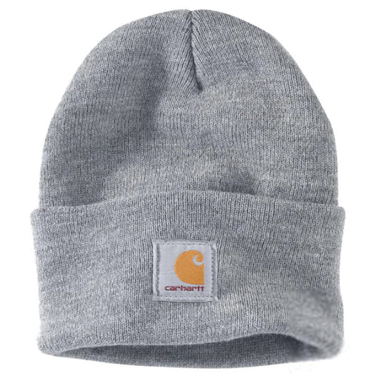 Gray knit beanie with Carhartt logo on a white background. Shop Carhartt at Kustom Workwear.