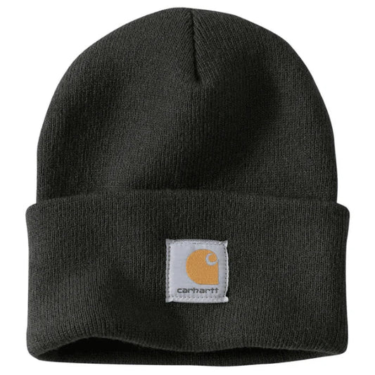 Black knit beanie with Carhartt logo on a white background. Shop Carhartt at Kustom Workwear.