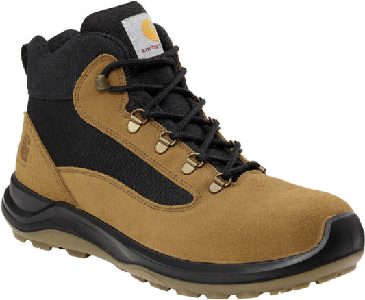 Brown and black work safety boot with Carhartt logo on a white background. Shop now at Kustom Workwear.