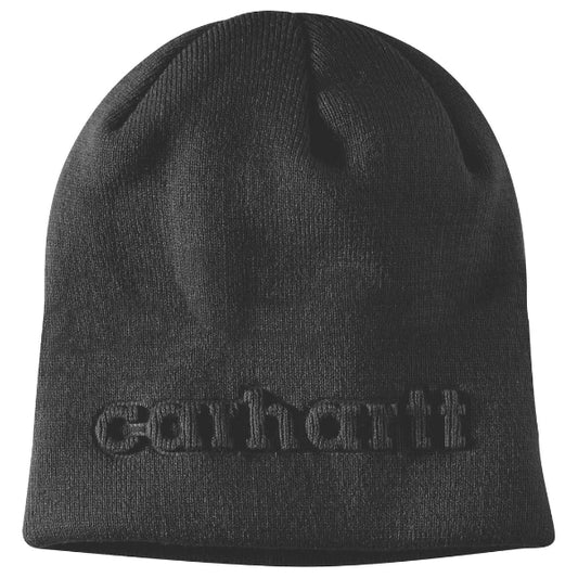 Black beanie hat with Carhartt logo on a white background. Buy now at Kustom Workwear.