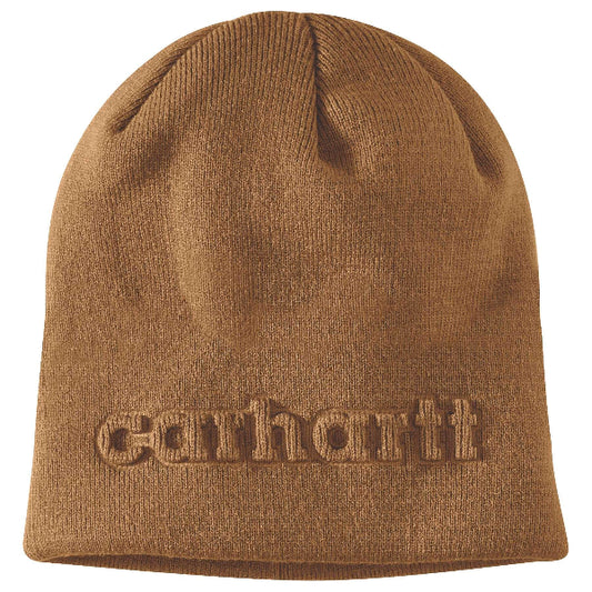 Brown knit beanie hat with Carhartt logo on a white background. Buy now at Kustom Workwear.