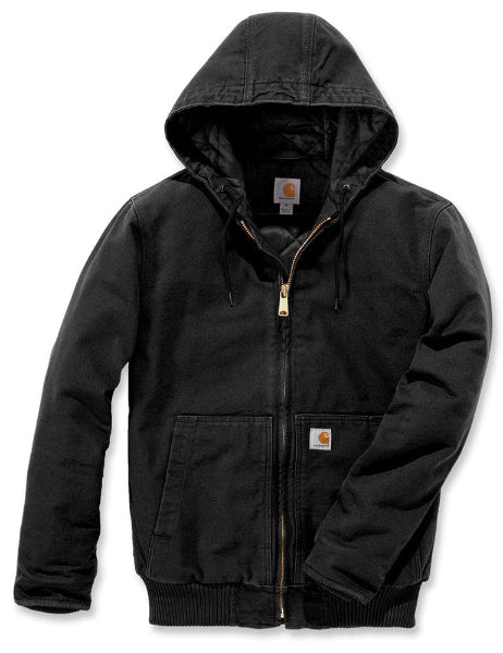 Black hooded jacket with Carhartt logo on a white background. Shop now at Kustom Workwear.