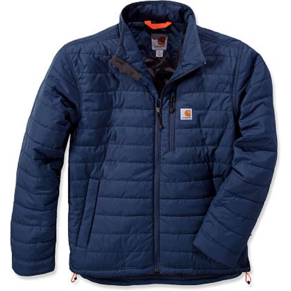 Navy quilted workwear rain defender jacket with Carhartt logo on a white background