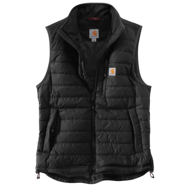 A black-coloured Carhartt men's lightweight insulated vest with a full-length front zipper, left chest pocket with zipper closure, and two lower-front pockets with snap closure.