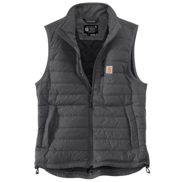 A grey-coloured Carhartt men's lightweight insulated vest with a full-length front zipper, left chest pocket with zipper closure, and two lower-front pockets with snap closure.