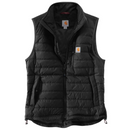 A black-coloured Carhartt men's lightweight insulated vest with a full-length front zipper, left chest pocket with zipper closure, and two lower-front pockets with snap closure.